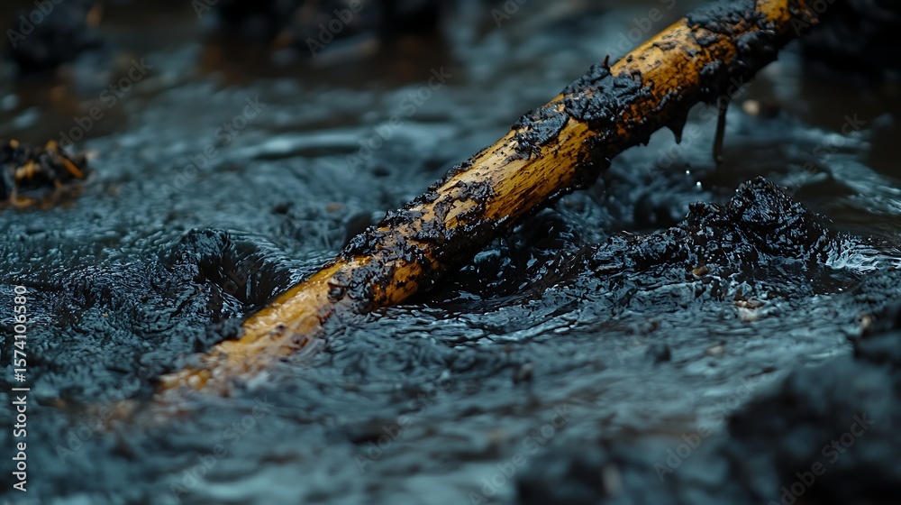 Fototapeta premium Close up photo of a wooden stick covered in black tar and resting in dark water