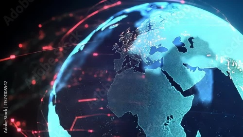 A digital rendering of Earth, depicted as a glowing teal sphere with red data streams orbiting, highlighting global interconnectedness and data flow