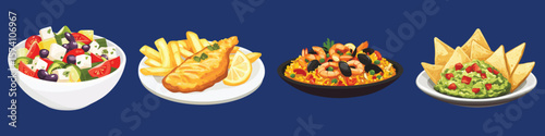 Illustration of Greek salad, fish and chips, paella, and nachos with guacamole, vector set