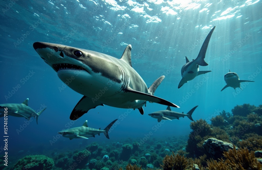 Obraz premium A large shark swims underwater among smaller fish in a vibrant ocean scene with coral reefs and sunlight filtering through the water