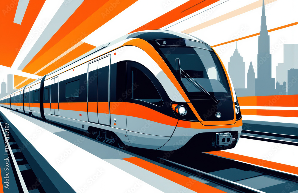 Fototapeta premium Futuristic train speeds through cityscape with vibrant orange and gray accents