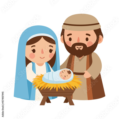 Cartoon of baby Jesus in a manger and with Mother Mary and Saint Joseph beside him, cute flat design vector. AI generated images.