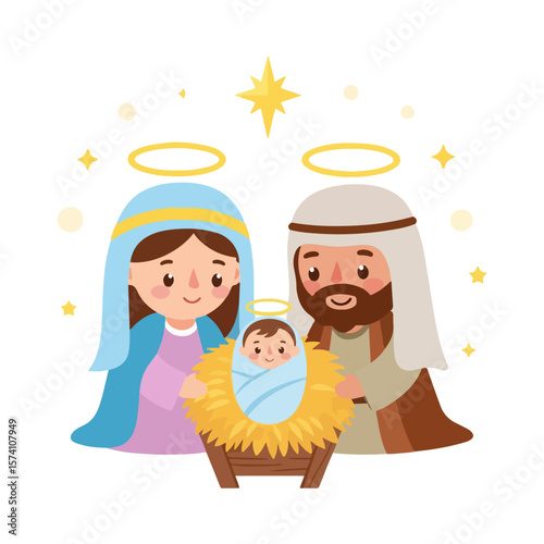 Cartoon of baby Jesus in a manger and with Mother Mary and Saint Joseph beside him, cute flat design vector. AI generated images.