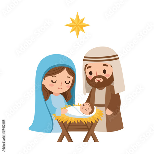 Cartoon of baby Jesus in a manger and with Mother Mary and Saint Joseph beside him, cute flat design vector. AI generated images.