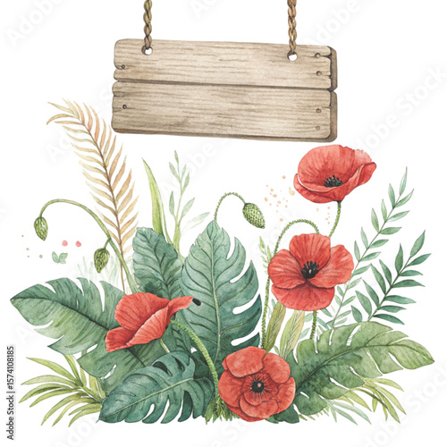 Wooden sign  The most beautiful flower in the world is under the sign Clipart watercolor 