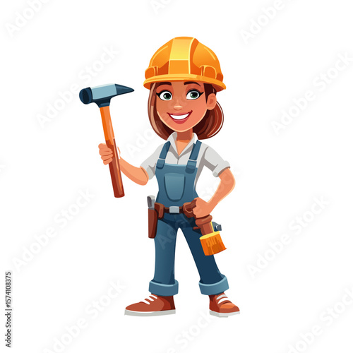 young female cartoon worker with hammer and yellow construction helmet vector graphic design