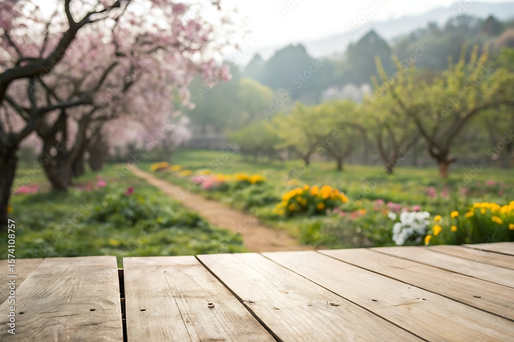 Fototapeta premium Wooden Deck Overlooking a Blossoming Spring Garden Path in the Morning
