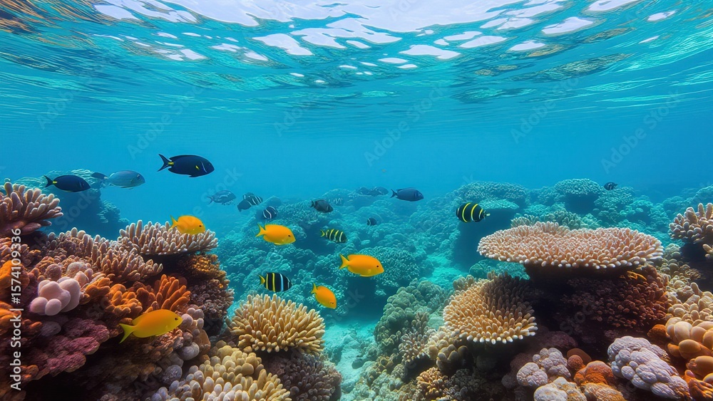 Fototapeta premium Underwater Scene with Colorful Coral Reefs and Tropical Fish