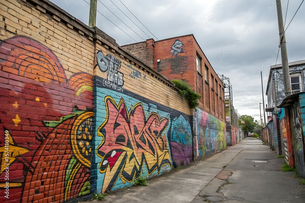 Fototapeta premium Urban Street Scene Featuring Colorful Graffiti Art Along a Brick Wall