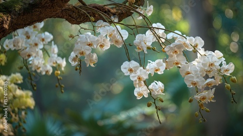 White orchids gracefully hanging from a tree branch, creating a serene atmosphere.