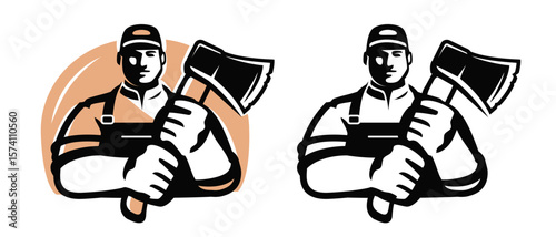Lumberjack with axe, emblem or logo. Worker in cap with working tool for cutting down trees