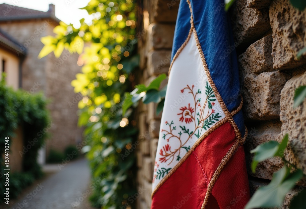 Naklejka premium French flag draped on a stone wall in a picturesque alleyway