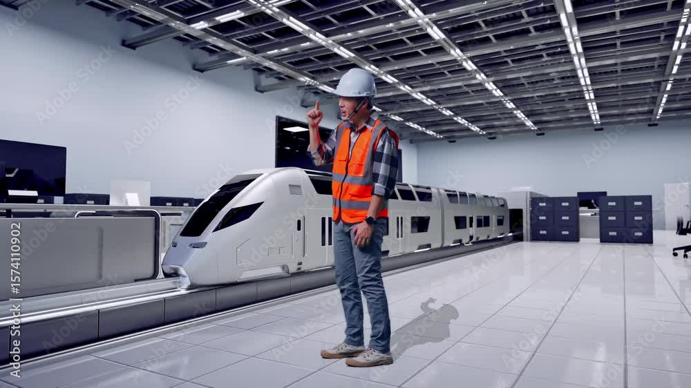 Full Body Side View Of Angry Asian Male Engineer With Safety Helmet Shouting At Someone While Standing, Futuristic High-Speed Train in a Modern Testing Facility