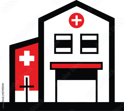Emergency care building with a ramp and a red cross