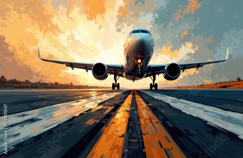 A commercial airplane is landing on a runway during sunset, with dramatic clouds and vibrant sky in the background