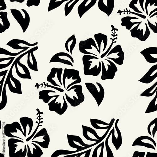 Seamless pattern featuring textured hibiscus flowers and leaves in a bold monochrome style. A simple yet expressive Hawaiian-inspired print with a natural graphic feel. Ideal for textiles, packaging.