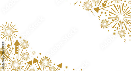 Golden fireworks and rockets create a celebratory border on white background