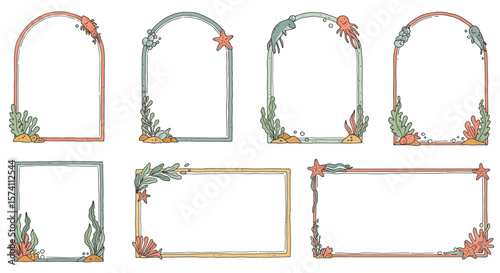 Collection of frames decorated with sea life elements like coral, starfish, and seaweed in various shapes and colors