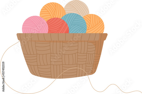 Colorful yarn balls nestled in a woven basket, connected by a thread.