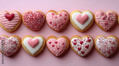 Dozen heart shaped cookies with pink frosting food background