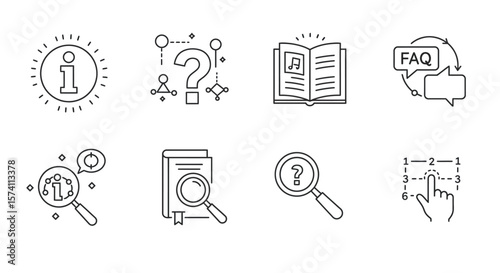 Collection of linear icons representing information, FAQ, and instructions