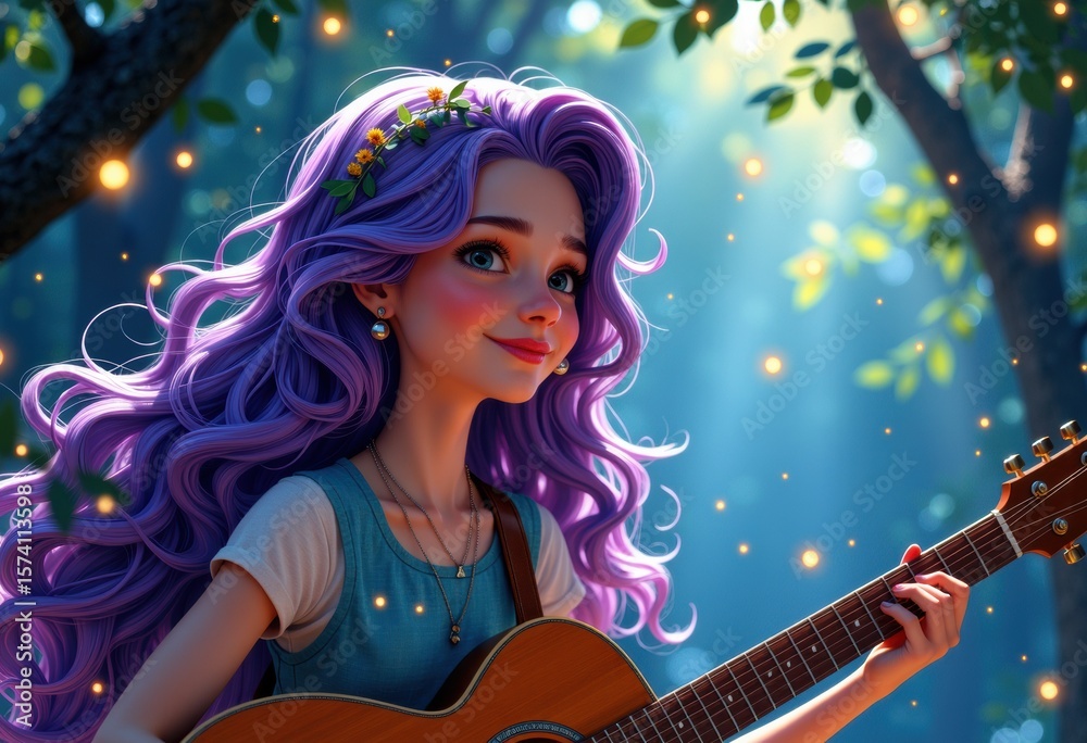 Obraz premium Young woman with purple hair playing guitar in a magical forest setting