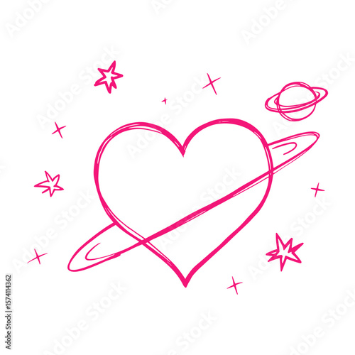 Stars and a planet heart drawing pink vector