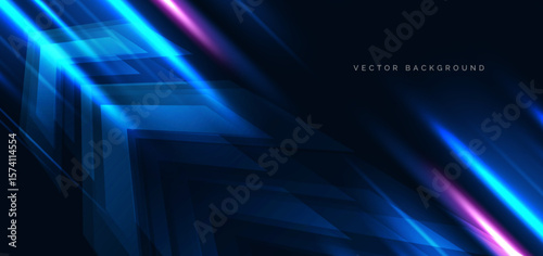 Arrow hi speed and blue and pink neon diagonal beams rays on dark blue background. Speed motion moving concept.
