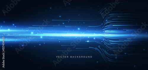 Technology futuristic horizontal lines glowing on dark blue background. Internet hi speed big data network concept.