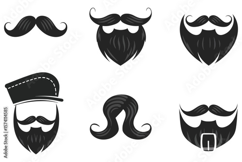 Modern beard and mustache vector set, black and white minimalist facial hair symbols for logos

