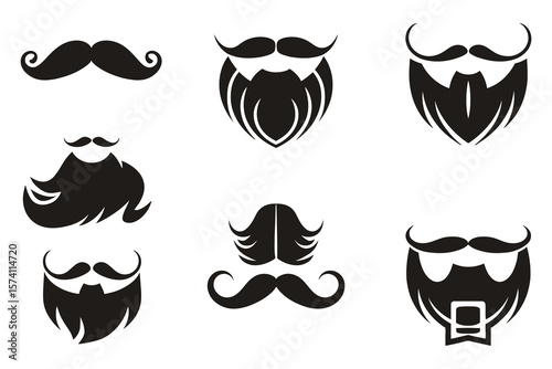 Vector set of minimalist black and white beard and mustache icons for barbershop design projects

