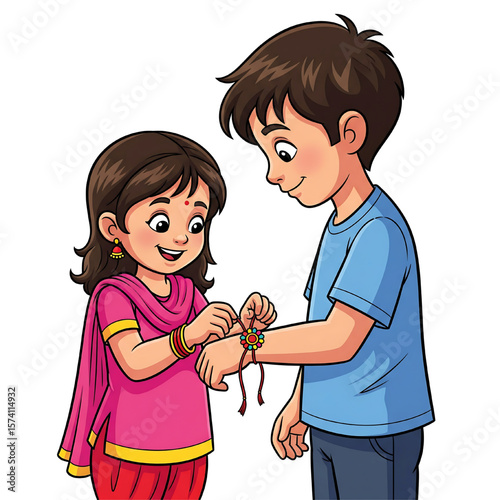 cartoon girl tying rakhi to boy on raksha bandhan celebration