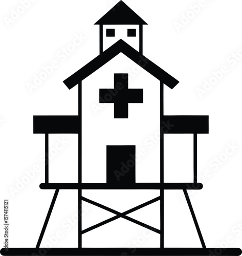 Emergency sea base hospital on stilts with a cross banner