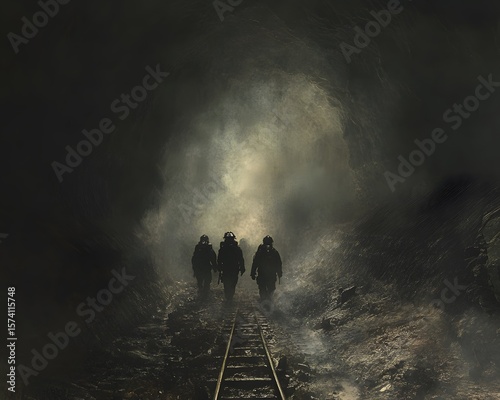 A group of workers advancing through a dimly lit tunnel, representing the challenges and resilience of the mining industry