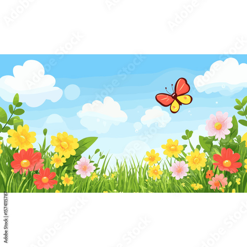 Flowers and grass spring illustration butterfly vector