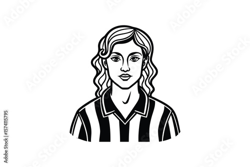 Black and white illustration of a female soccer referee