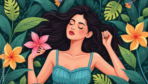 Woman Stretching Among Colorful Flowers