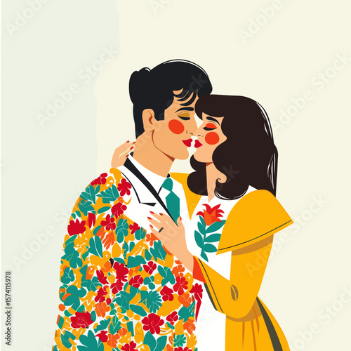 A couple dressed formally about to kiss art illustration clothing vector