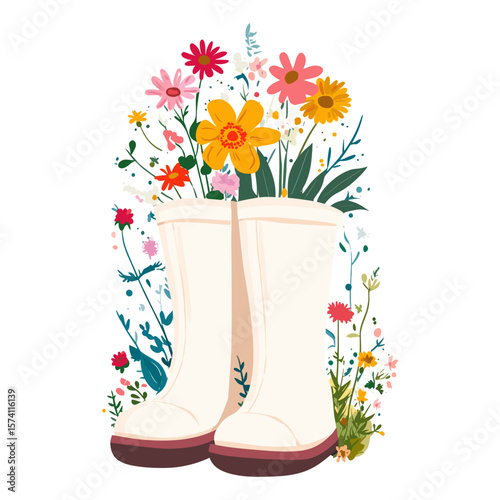 A pair of white rain boots with flowers inside art illustration springtime vector