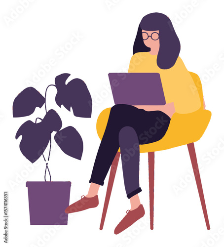 Young Woman Working on Laptop with Plant in Flat Vector Style
