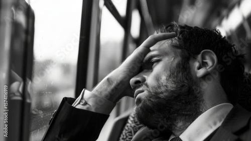 A man holding his head in his hands, depicted in black and white