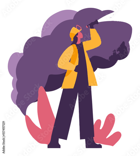 Person in Yellow Jacket with Smoke and Abstract Shapes in Background