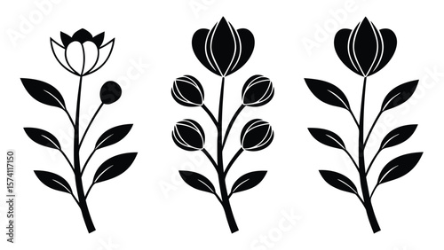 Three stylized black silhouette floral stems with leaves and buds on white background