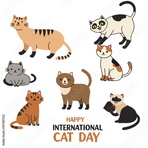 international cat day, pet, cute, animal, background, cat, card, kitten, funny, design, kitty, happy, poster, adorable, international, greeting, day, isolated, art, love, cat day, banner, cartoon