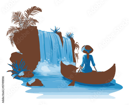 Cartoon Vector Illustration of Woman in Canoe by Waterfall