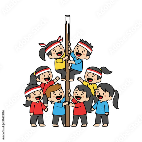 A festive pole climbing competition festival in the tradition of Indonesian independence. Vector flat design cartoon. AI generated images.