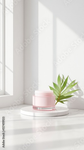 Pink skincare product on a display platform with a leaf accent against a white wall and shadows.