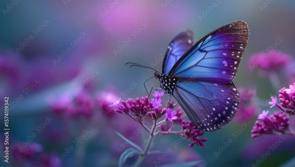 Naklejka premium Vibrant blue butterfly on purple flowers