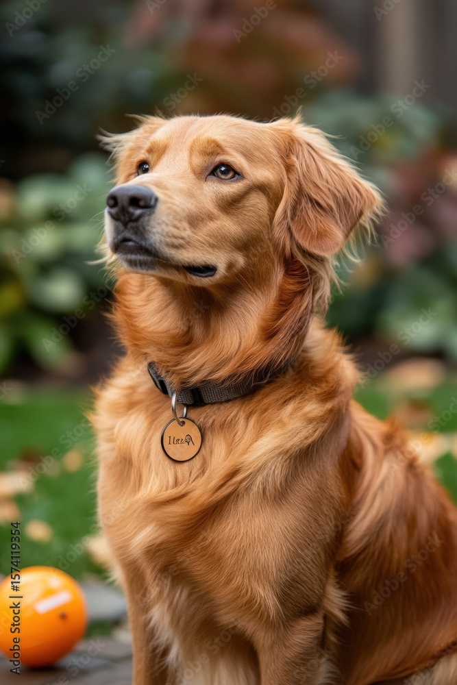 Obraz premium Cute Golden Retriever Playing with Ball Toy in Park