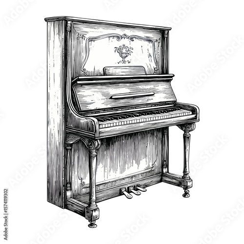 Vintage upright piano illustration white instrument vector